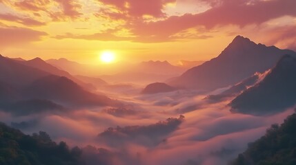 Obraz premium Idyllic sunrise over a misty valley with rolling hills and layers of light and shadow
