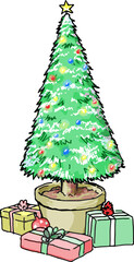 Cartoon decorated Christmas tree with gift boxes