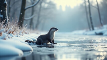 Obraz premium An otter exploring a snowy landscape, sliding on ice or walking along a frosty riverbank, evoking tranquility.
