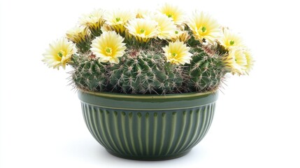 Naklejka premium A green bowl filled with blooming yellow cactus flowers.