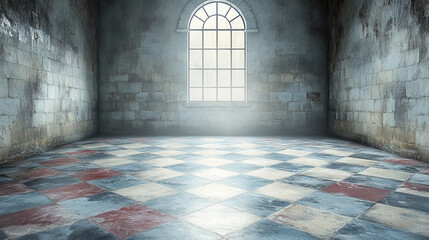 Obraz premium spacious room with large window, featuring checkered floor in muted colors. walls are textured and weathered, creating moody atmosphere