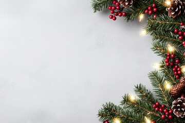 Festive Christmas Background Lights Berries Pine Cones Fir Branches