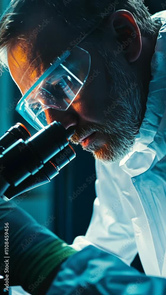 Poster scientist conducting research under microscope in high-tech laboratory environment during evening ho