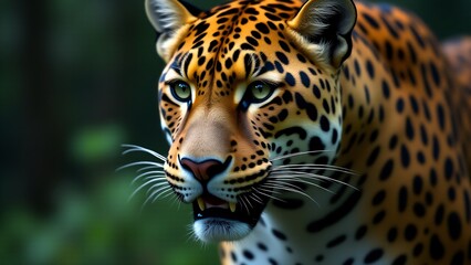 Obraz premium A stunning close-up of a jaguar’s face, highlighting its intense gaze, powerful jaw, and intricate coat.
