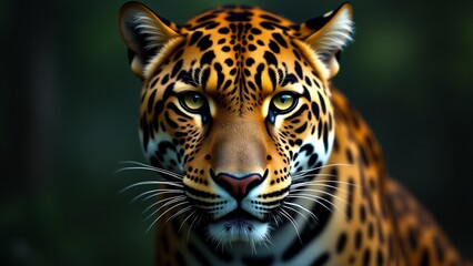 Obraz premium A stunning close-up of a jaguar’s face, highlighting its intense gaze, powerful jaw, and intricate coat.