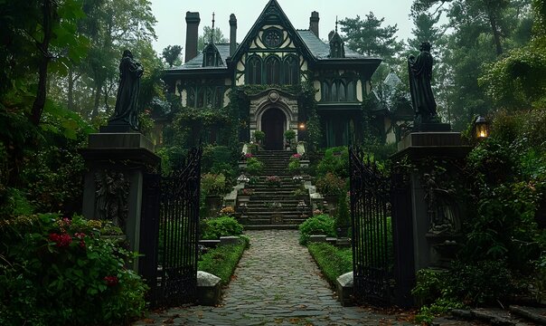 overgrown gardens with gothic statues and wrought-iron gates