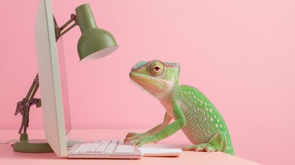 Tech-Savvy Chameleon: Adapting to Digital World on Pink Background