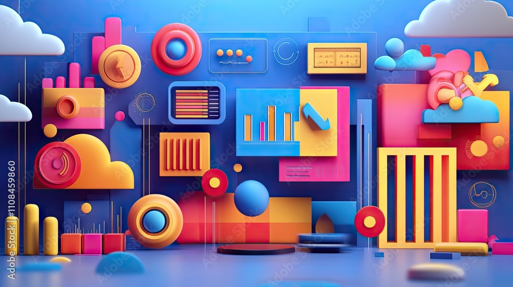 Aufkleber vibrant abstract 3d scene with geometric shapes and data visuals in bold colors.