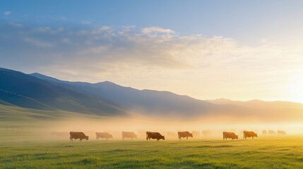 Obraz premium Free range cow herd grazing on open land blowing up dust