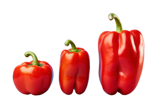 A group of whole red sweet peppers with varying sizes and shapes, positioned artfully on a bright blue surface, highlighting their natural shine and freshness.