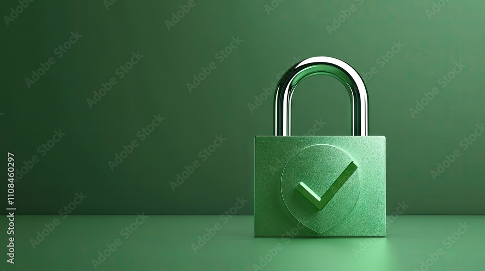 Poster green padlock with checkmark symbolizing security and protection.