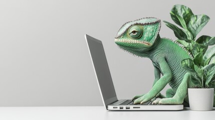 Adaptable Chameleon Working on Laptop with Notebook and Plant on Gray Background