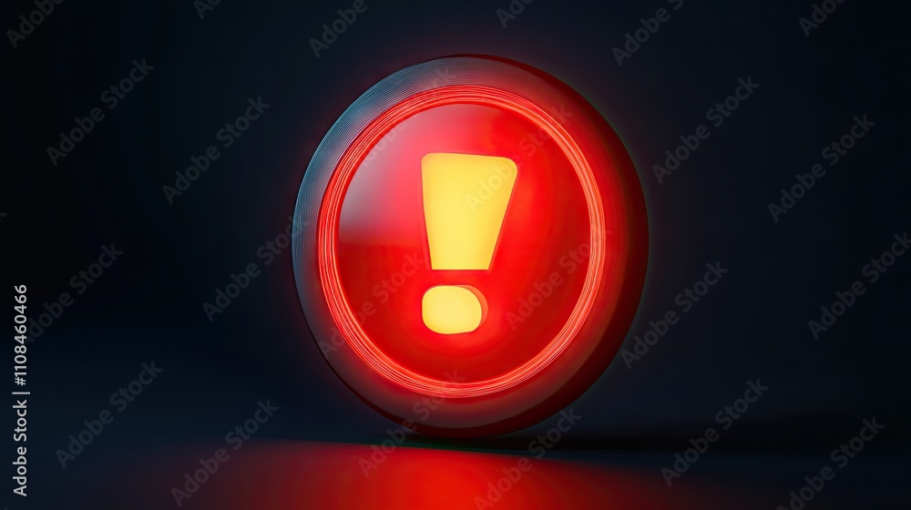 Poster glowing red exclamation mark button in a dark environment.