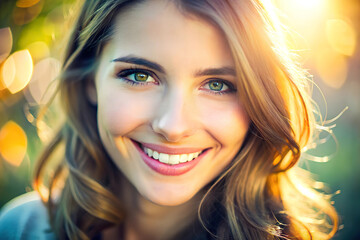 Fototapeta premium A young woman with long blonde hair smiles brightly, her green eyes sparkling in the warm sunlight.