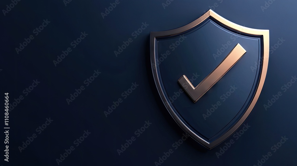 Poster 3d futuristic shield with a golden check mark symbolizing security and trust on a dark blue backgrou