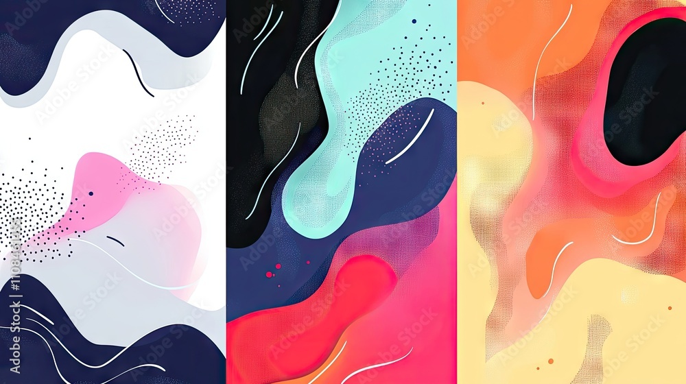 Poster vibrant abstract designs with flowing shapes and dynamic color contrasts in triptych format.