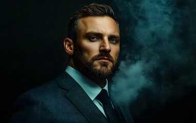 Obraz premium Stylish portrait of a confident man in a suit with smoke in a dark studio, featuring an elegant and vintage look