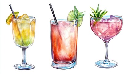 Three vibrant cocktails with fruit and herb garnishes, beautifully illustrated in watercolor.