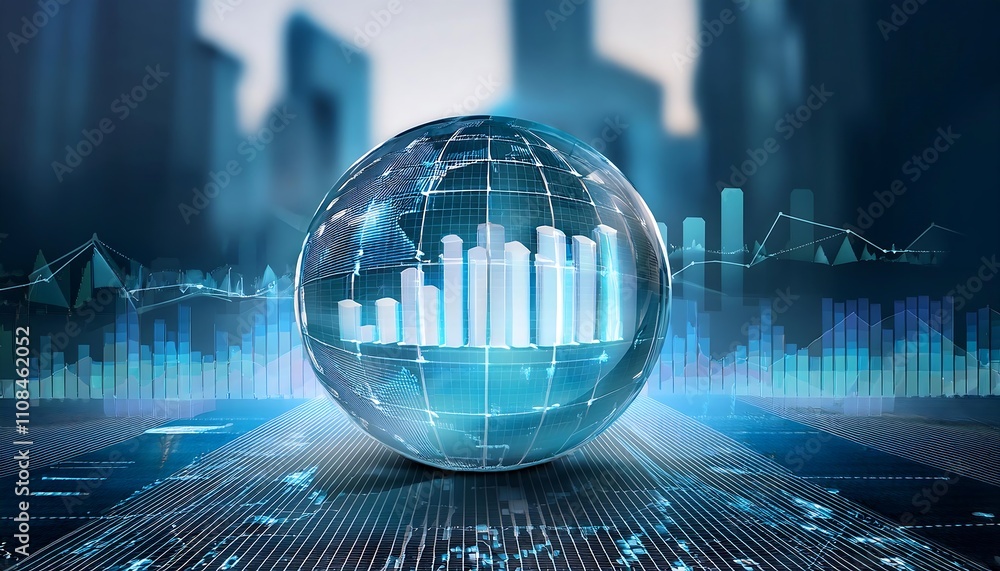 Poster crystal ball reflects modern architecture, with an abstract image and graph overlay, creating a futu