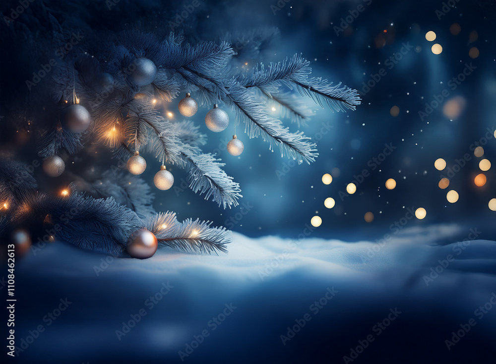Poster enchanted winter scene. a snow-covered ground with a frosted evergreen branch adorned with shimmerin
