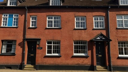 Obraz premium Traditional red brick terraced houses with black doors and white windows.