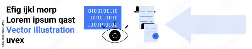 Poster digital screen with binary code, eye icon, documents, and blue arrow signaling direction. ideal for 