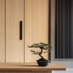 A close-up of modern Japanese interior design showcasing a wooden sliding door with sleek handles, and a minimalist table featuring a small bonsai tree, emphasizing simplicity and elegance.