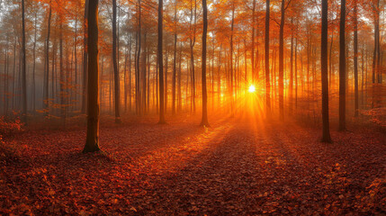 Obraz premium serene autumn forest with vibrant orange leaves and sunlight streaming through trees creates peaceful atmosphere