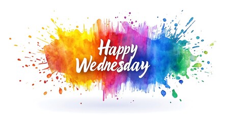 A vibrant watercolor splash with the text "Happy Wednesday" in a playful, artistic style.