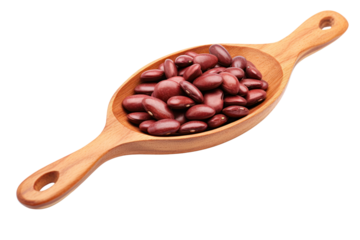 A close-up shot of a wooden spoon filled with dried red beans, showcasing their rich maroon color and smooth texture, with scattered beans around the spoon.