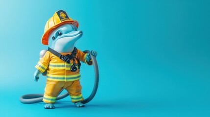 Brave Dolphin Firefighter Ready to Rescue on Blue Background