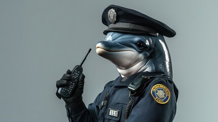 Playful Dolphin Police Officer with Walkie-Talkie on Gray Background