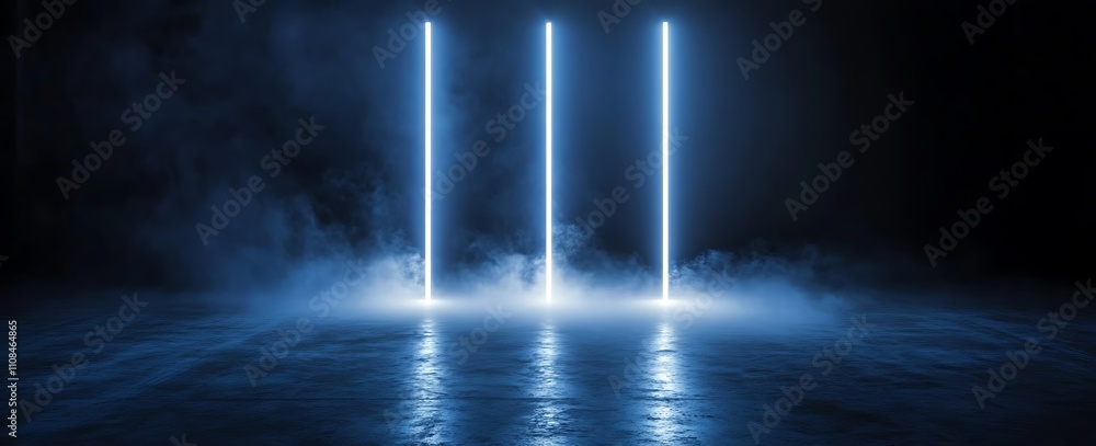 Aufkleber a dark scene featuring three glowing blue vertical light beams illuminating a misty surface, creatin
