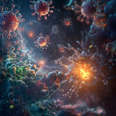 Fototapeta premium A conceptual depiction of immune cells actively releasing cytokines and antibodies to combat viral infections, highlighting the intricate defense mechanisms of the immune system in action.