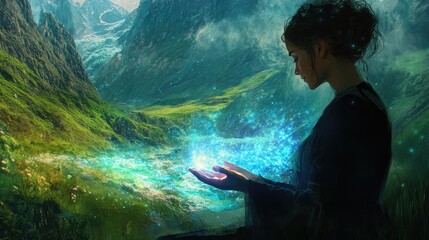 Fototapeta premium A serene figure holds glowing energy in a lush, mystical landscape.
