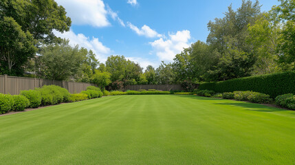 Fototapeta premium Green large fenced backyard with trees