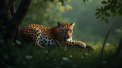 A relaxed jaguar resting in the jungle, showing its calm yet alert demeanor in the natural environment.