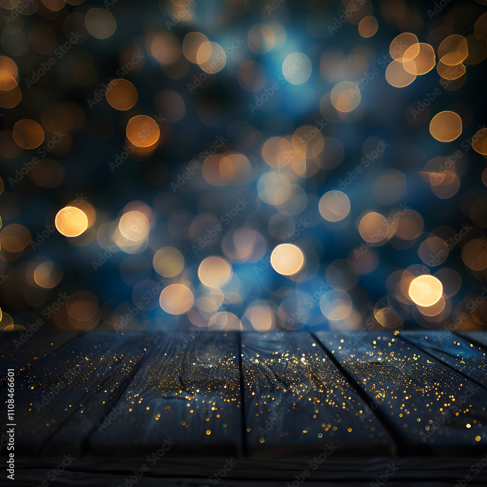 Poster a blurred background with warm bokeh lights and a wooden surface, creating a festive atmosphere.