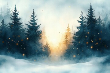 Fototapeta premium A serene winter landscape ideal for Christmas designs, featuring evergreen trees dusted with snow and a tranquil atmosphere, perfect for holiday greetings or seasonal promotions.