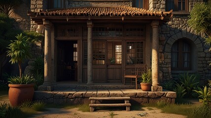 Stone house entrance with wooden porch, columns, and potted plants.