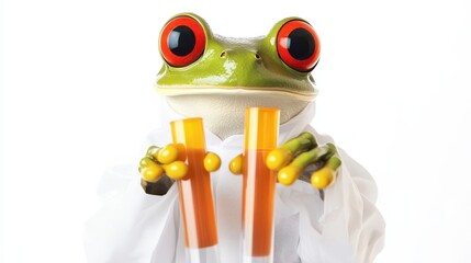 Obraz premium Curious Frog Scientist Conducting Experiments with Test Tubes on White Background