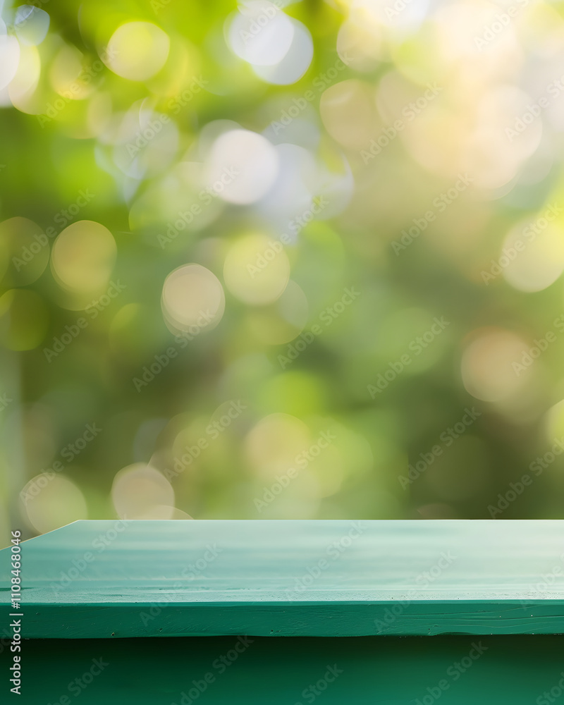 Poster a blurred green background with a wooden table in the foreground, creating a serene atmosphere.