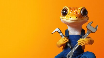 Obraz premium Quirky Gecko Mechanic with Wrench on Vibrant Orange Background