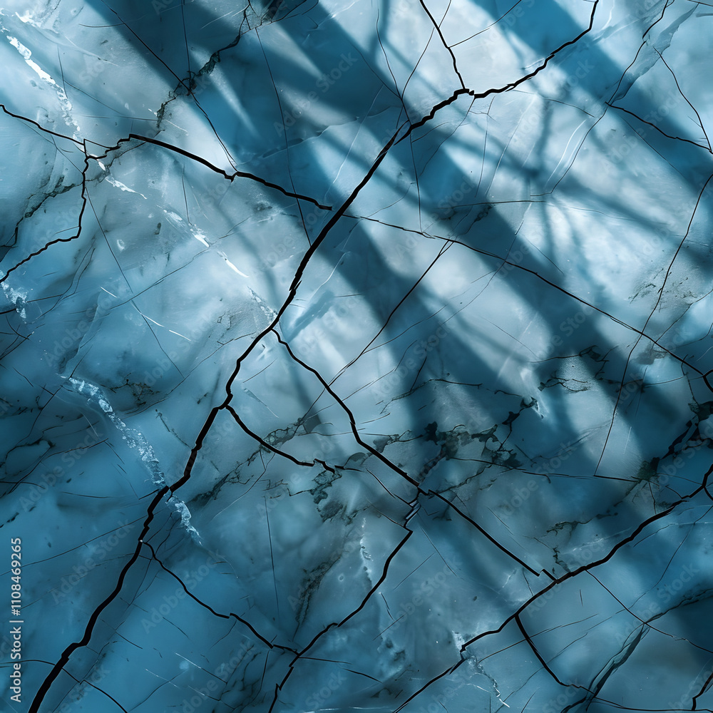 Poster a close-up of a blue marble surface with cracks and shadows creating a textured pattern.
