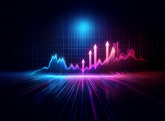 Fototapeta premium Neon-lit upward trending graph on dark background, symbolizing growth and success in a digital financial market. A futuristic representation of progress.