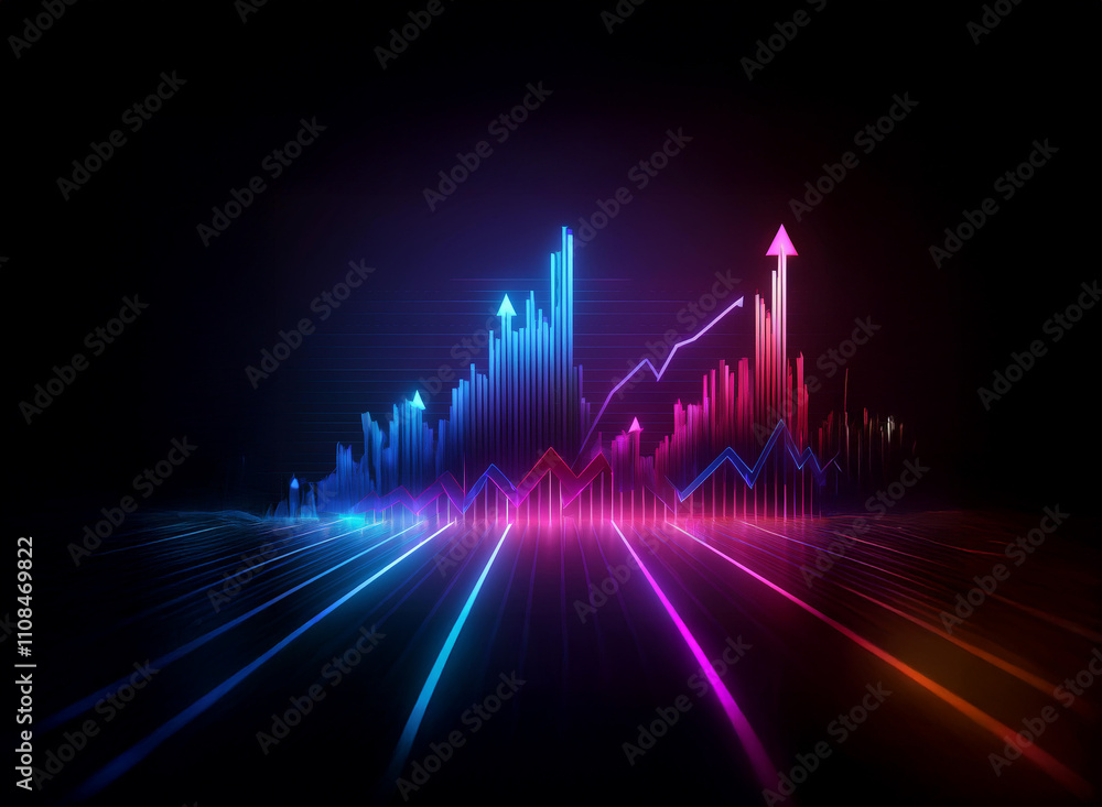 Aufkleber Neon-lit financial charts ascend against a dark background, symbolizing growth and progress in a dynamic market.  Speed lines add a sense of rapid movement and momentum.