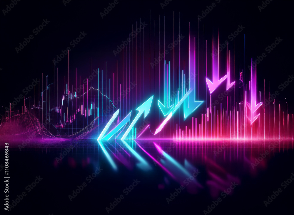 Poster abstract digital illustration depicting fluctuating market trends with neon arrows indicating price 