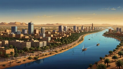 Fototapeta premium Here's a caption and keywords for your stock image.. Panoramic view of a city along a river, with desert in the background at sunset.