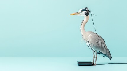 Fototapeta premium Remote Working Heron: Conference Call Specialist in Blue Sky Office Setting