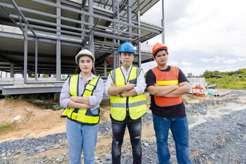 Asian man and woman construction engineer foreman workers wearing safety gear and helmet cross arms...